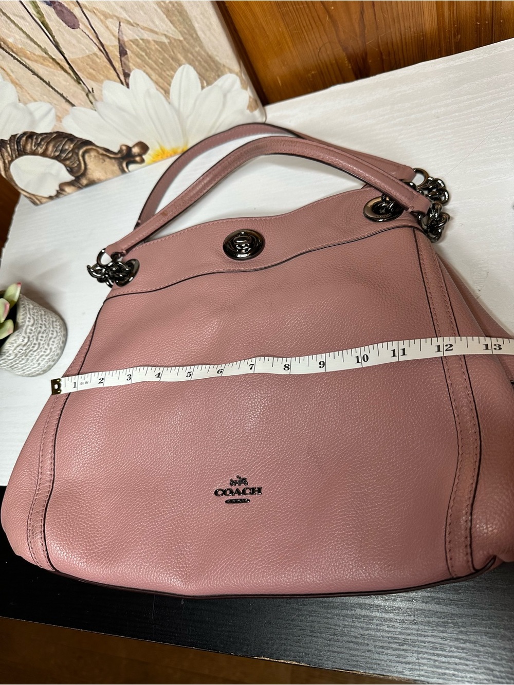 Coach Dusty Rose Pebbled Leather Shoulder Bag with Chain Straps - Picture 10 of 16